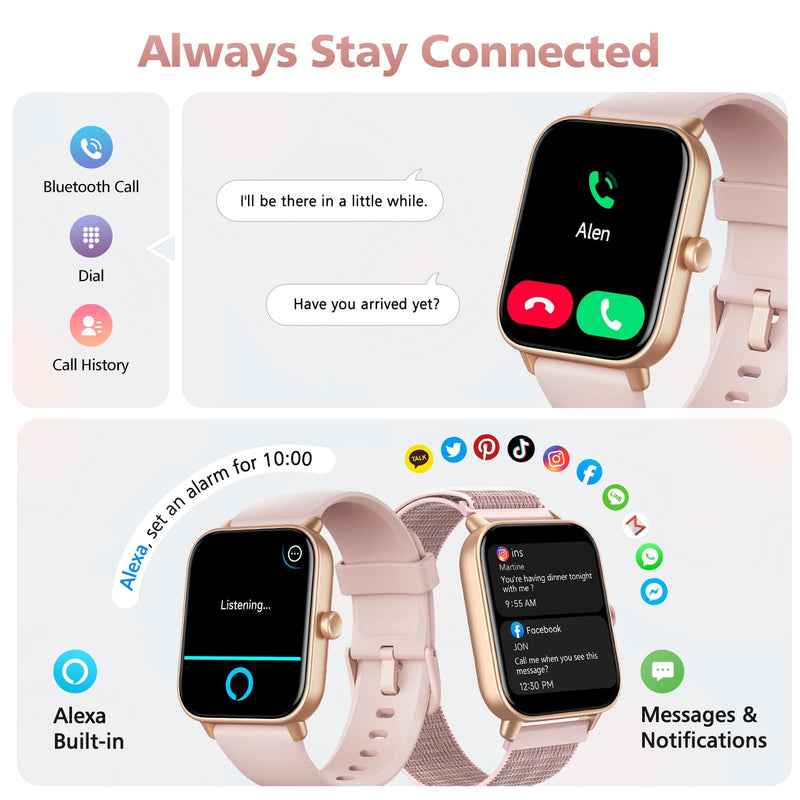Smart Watches for Women, 1.85" Alexa Fitness Trackers with Call & SMS, Heart Rate, SpO2, Stress & Sleep Monitor, IP68 Waterproof Smartwatch for Android iPhone Samsung etc., 100+ Sports Modes, 2 Bands Blush Pink