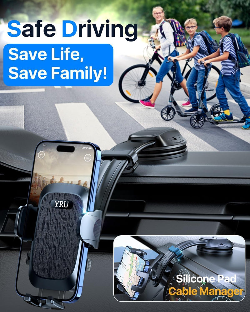 YRU [2026 Ultimate Car Phone Holder Mount [Bendable & Adjustable Aluminum Arm] Cell Phone Holder for Car Dashboard Windshield Phone Stand for iPhone 17 16 15 14 Pro Max Samsung Pickup Truck, Black