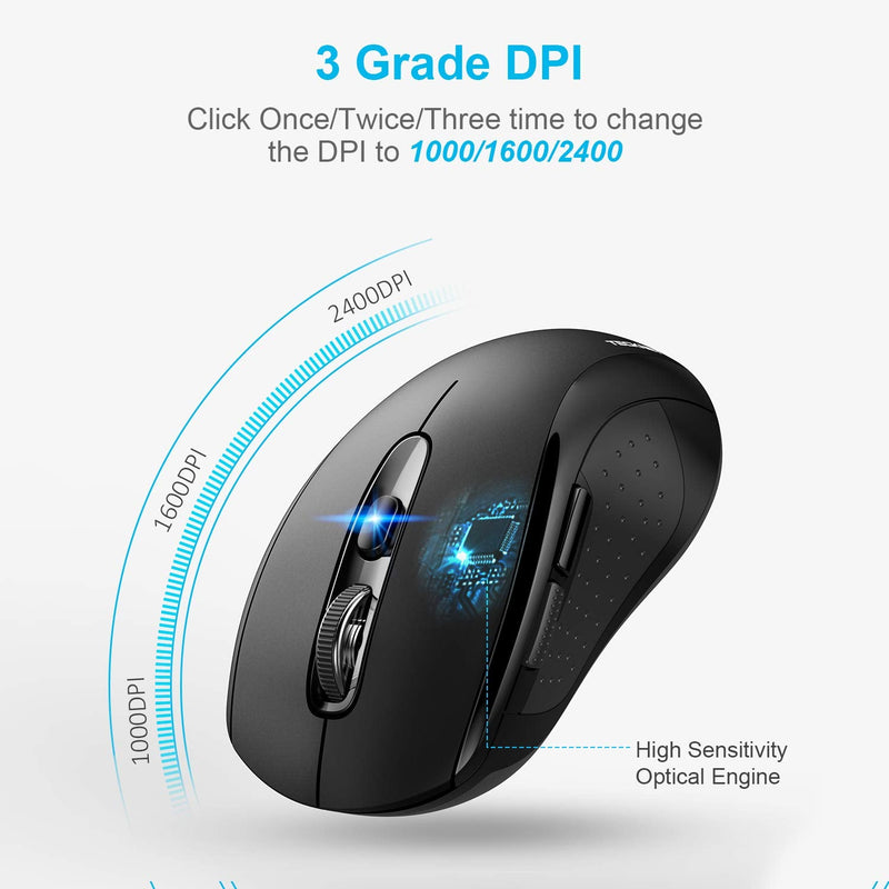 Bluetooth Wireless Mouse, TECKNET 3 Modes Bluetooth 5.0 & 3.0 Mouse 2.4G Wireless Portable Optical Mouse with USB Nano Receiver, 2400 DPI for Laptop, MacBook, PC, Windows, Android, OS System (Black) Black