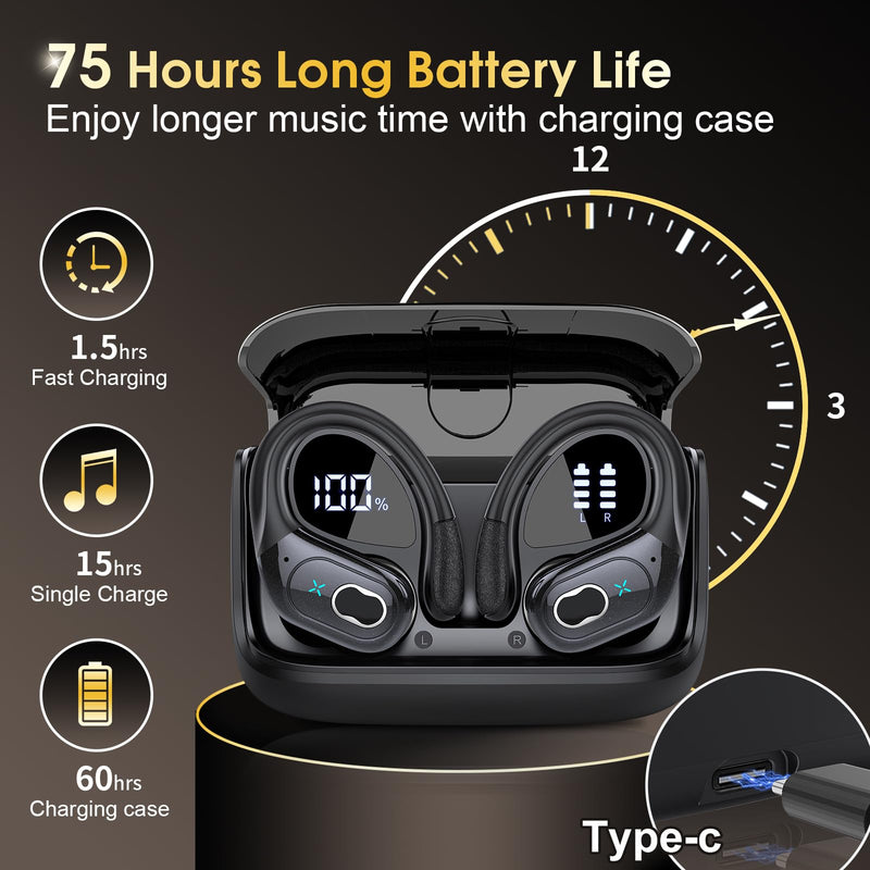 Aptkdoe 2 Sets Wireless Earbuds Sport, Bluetooth 5.4 Over Ear Buds Stereo Deep Bass Over Ear Bud with Earhooks, 75H Wireless Earphones with Mic, IPX7 Waterproof Earphone for Sports Black+Rose Gold