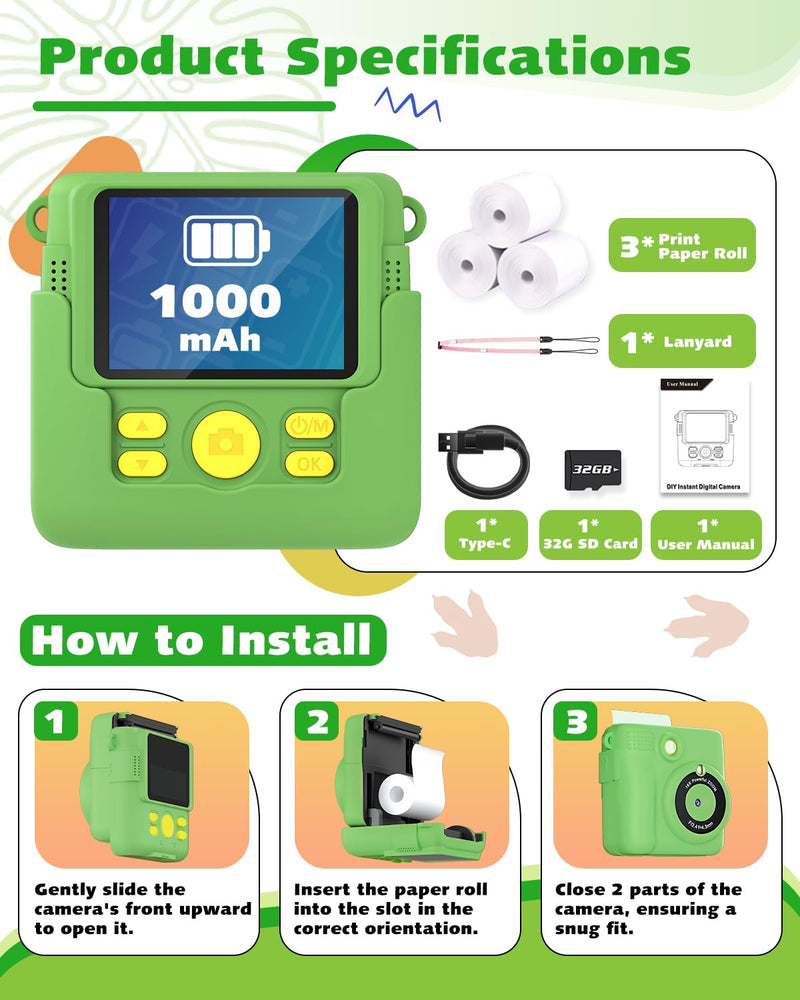 Instant Print Kids Camera,1080P HD Video Record Kids Camera Dinosaur Toys for Boys Age 8-10, Christmas Birthday Gifts for Boys 3 4 5 6 7 8 9 10 Year Old with 3 Rolls Photo Paper and 32G Card Green