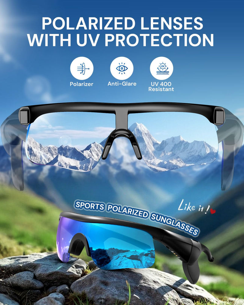 Bluetooth Audio Sunglasses: Polarized UV400 with Speakers | Polarized UV400 lenses with open-ear speakers and Bluetooth audio for driving, workouts and outdoor activities Blue