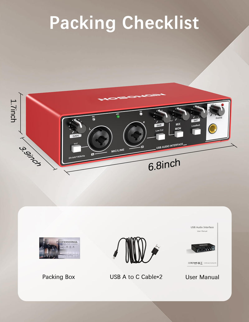 [AUSTRALIA] - HOSONGIN 2i2 USB Audio Interface for Beginners - 24Bit/192kHz, 48V Phantom Power, Plug & Play Recording for Podcast/Vocals/Guitar/Youtube, PC/Mac/iOS Compatible (Red Metal) H-A002 