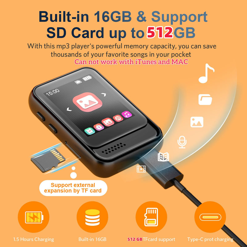 MP3 Player with Bluetooth 5.3,Portable Music Player with Speaker and Micro SD Card Slot MP3 Player with FM Radio,Video,Voice Recording,Earphone for Kids,Jogging and Gift,Max 512GB Expand 16GB