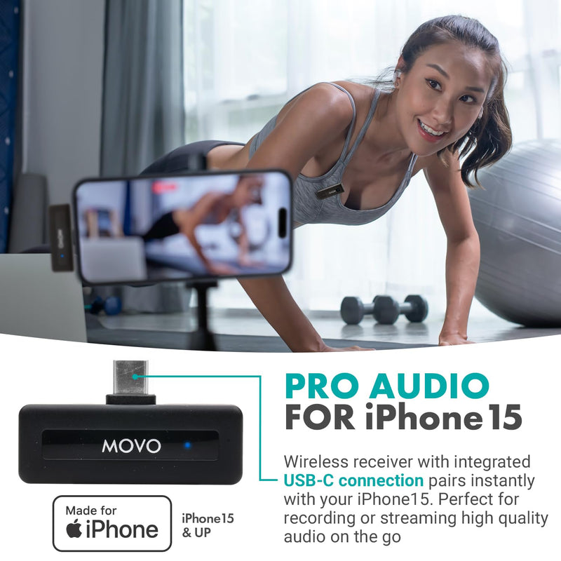 [AUSTRALIA] - Movo Mini USB-C Duo Wireless Microphone for iPhone 15/16/17 and up - Ultracompact Microphone for iPhone 15/16/17 with Clip on Wireless Lavalier Mic 2 Transmitters 