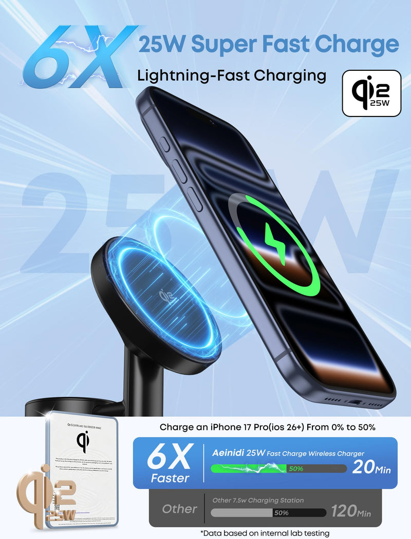 Aeinidi 25W 3 in 1 Wireless Fast Charging Station for Apple MagSafe Charger | Strong Magnetic Cool Charging Stand for iPhone 17 16 15 14 13 12, Apple Watch & AirPods, 45W Adapter Included Classic Black