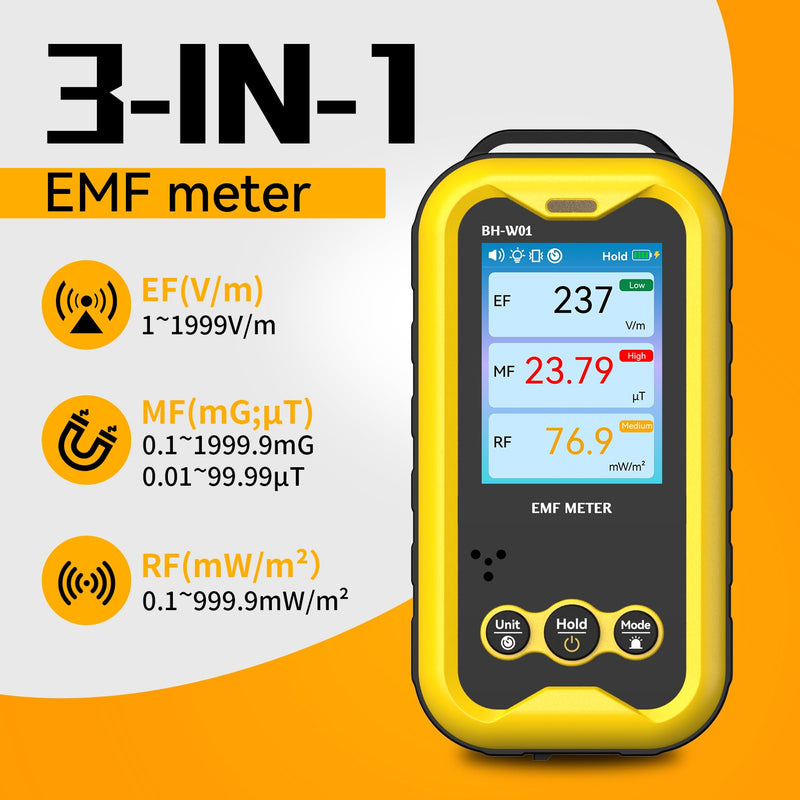 Bosean EMF Meter, 3-in-1 Portable Electromagnetic Field Radiation Detector, Electric Field, Radio Frequency Field, Magnetic Field, Rechargeable EMF Reader for Home, Office, and Ghost Hunting