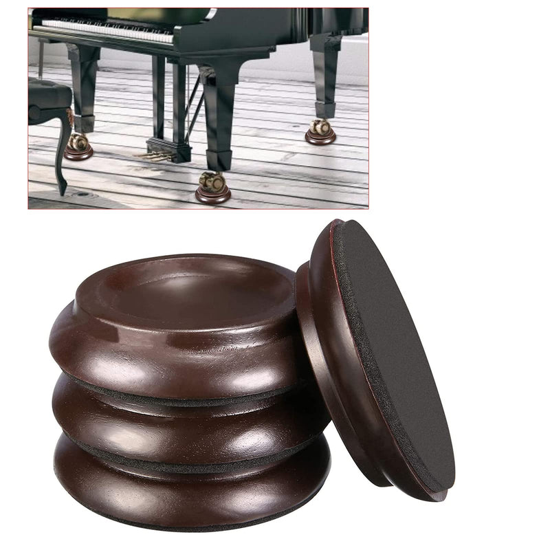 QJFCare 4Pcs Piano Caster Cups Grand Upright Piano Wheels Feet Floor Protectors, Solid Wood Casters Cups Wood Sliders Caster Pads with Non-Slip & Anti-Noise Foam Set of 4, Brown