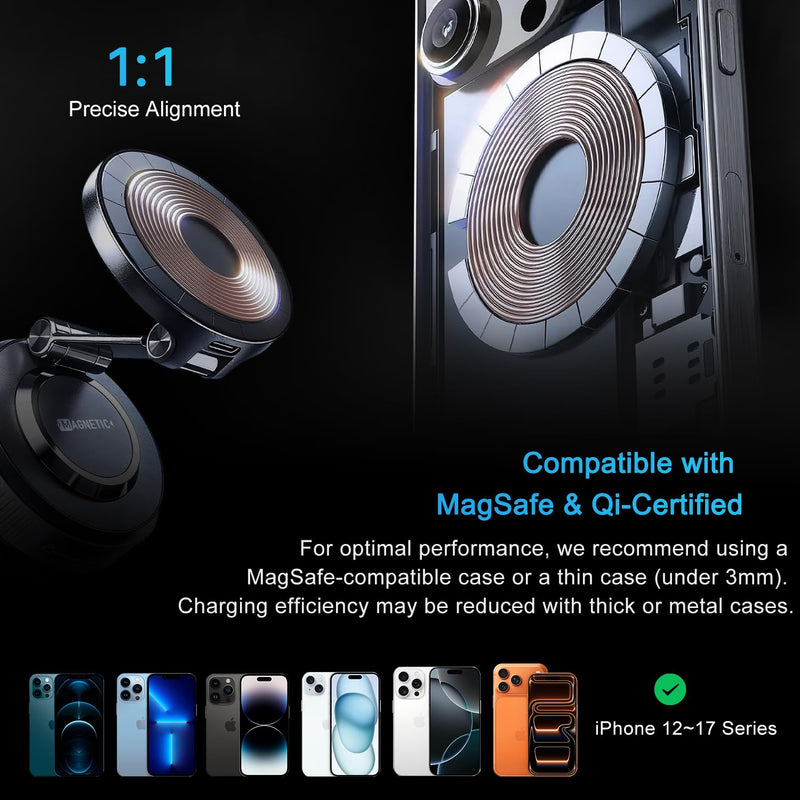 for Magsafe Car Mount Charger, Ultra-Strong Suction Phone Mount | 15W Fast Wireless Charging, 3000gf N55 Magnetic Phone Holder, 360° Rotation Base & Dual Axis Adjustable Car Accessories