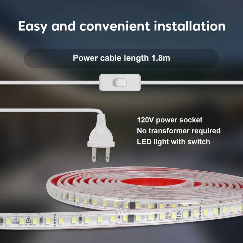 [AUSTRALIA] - LED Lights 6.56 ft AC 120V Hardwired LED Strip Lights 2M SMD 2835 LED Tape Light Flexible White LED Strips 4000K 110 Volt with ON/Off Switch (White, 6.56ft) White 4000K 