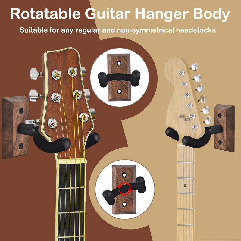 DOMMI Guitar Wall Mount 3 Pack, Wooden Guitar Hanger, Guitar Accessories Guitar Holder with Soft U-Shaped Guitar Hook, Guitar Wall Hangers for Acoustic Guitar, Electric Guitar, Bass, Black Walnut