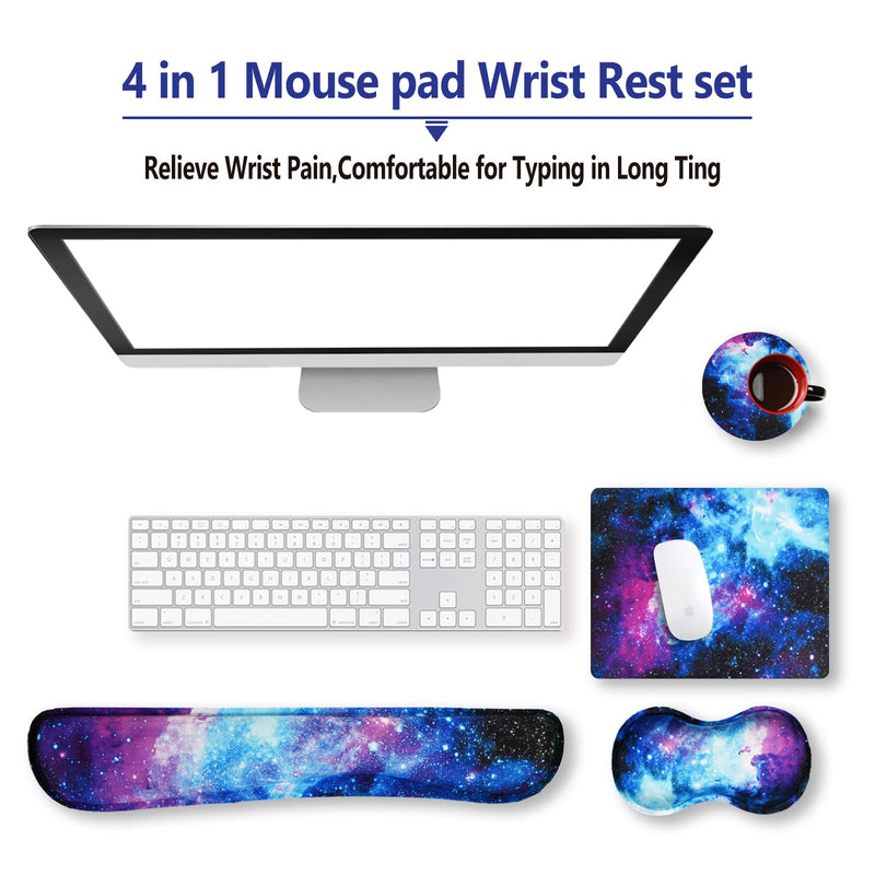 ArtSo Keyboard Wrist Rest and Mouse Pad with Wrist Support Set Ergonomic Coaster, Memory Foam Mousepad 4 in 1 Non-Slip Rubber Base Durable Comfortable for Easy Typing Pain Relief, Starry Sky Galaxy