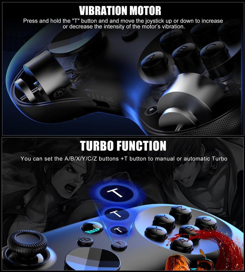 Wireless Fighting Controller for iOS/Android/Switch/PS4/PS3/PC, 6-Button Layout Bluetooth Controllers Retro Gamepad with Hall Joystick/Hall Trigger/Turbo/Programming Key for SEGA’s Classic Games,Black. Black