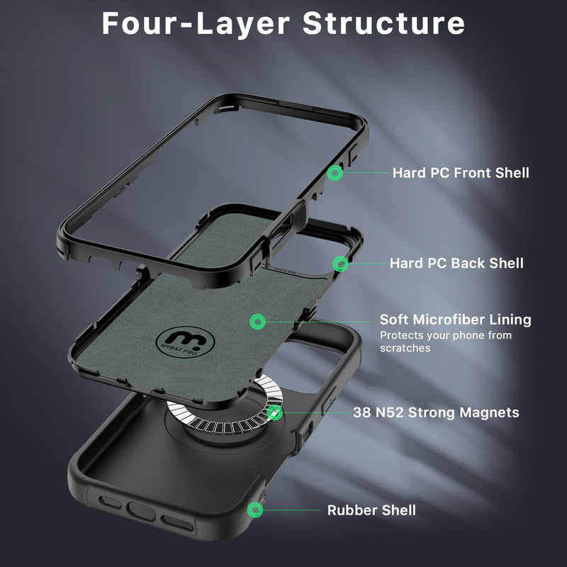 M MYBAT PRO Maverick Series for iPhone 16 Pro Case with Belt Clip Holster,[Compatible with Magsafe] w/Screen Protector,Anti-Drop,Shockproof,with 360°Rotating Kickstand,Heavy Duty Protection Black