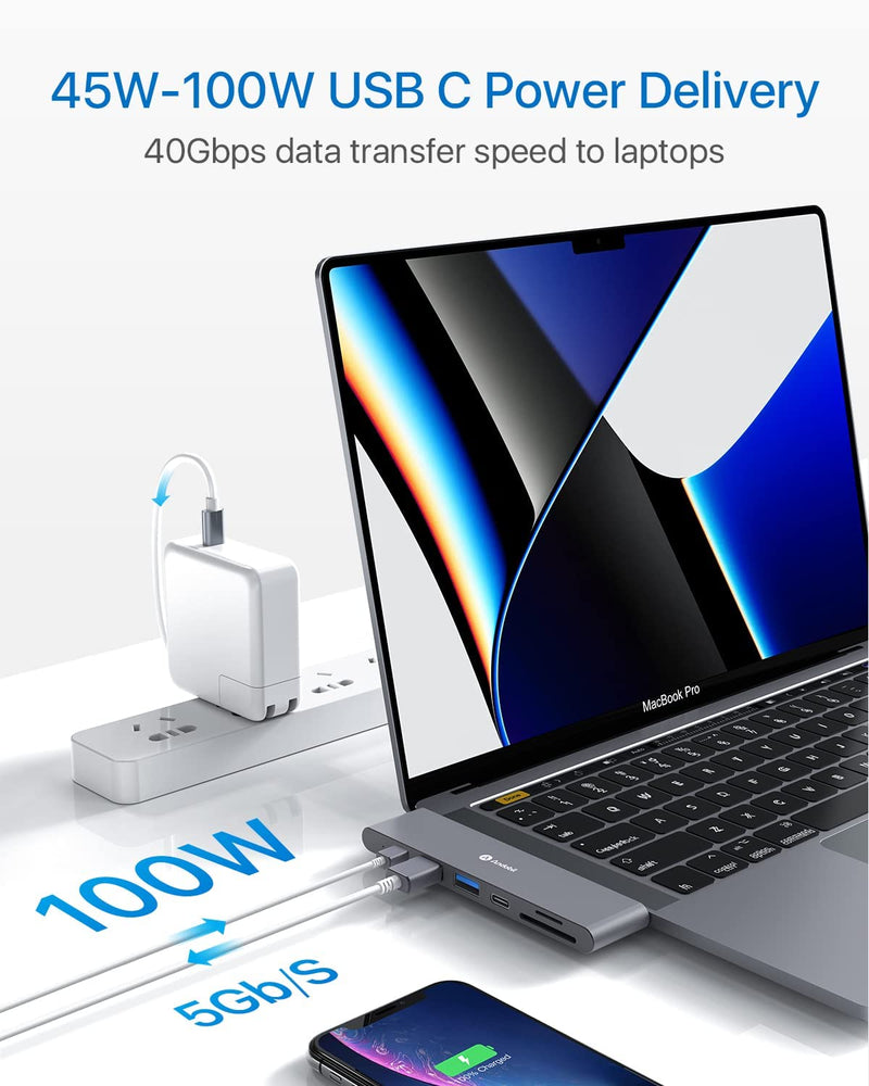 andobil 7-2 USB C Hub Adapters for MacBook (Top Intelligent Chip) Mac Dongle for MacBook Pro Air 13 15 inch M1 2022/2021-2018 with 4K HDMI, 100W PD, 40Gbps TB3 5K@60Hz, USB-C, 2 USB 3.0, SD/MicroSD The Space Grey