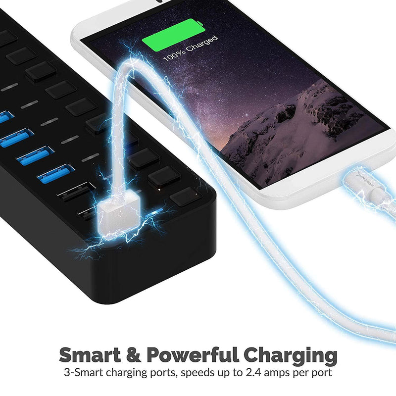 SABRENT 60W 10-Port USB 3.0 Hub Includes 3 Smart Charging Ports with Individual Power Switches and LEDs and 60W 12V/5A Power Adapter (HB-B7C3) 7 + 3 Charging Ports