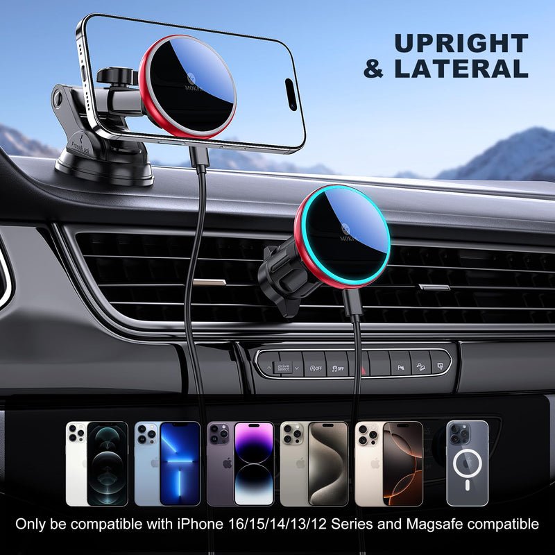 for Mag-Safe Car Mount Charger Dash Windshield Vent Magnetic Phone Holder | Wireless Car Charger with LED Light Car Phone Holder for iPhone 17 16 15 14 13 12 Series for MagSafe Red