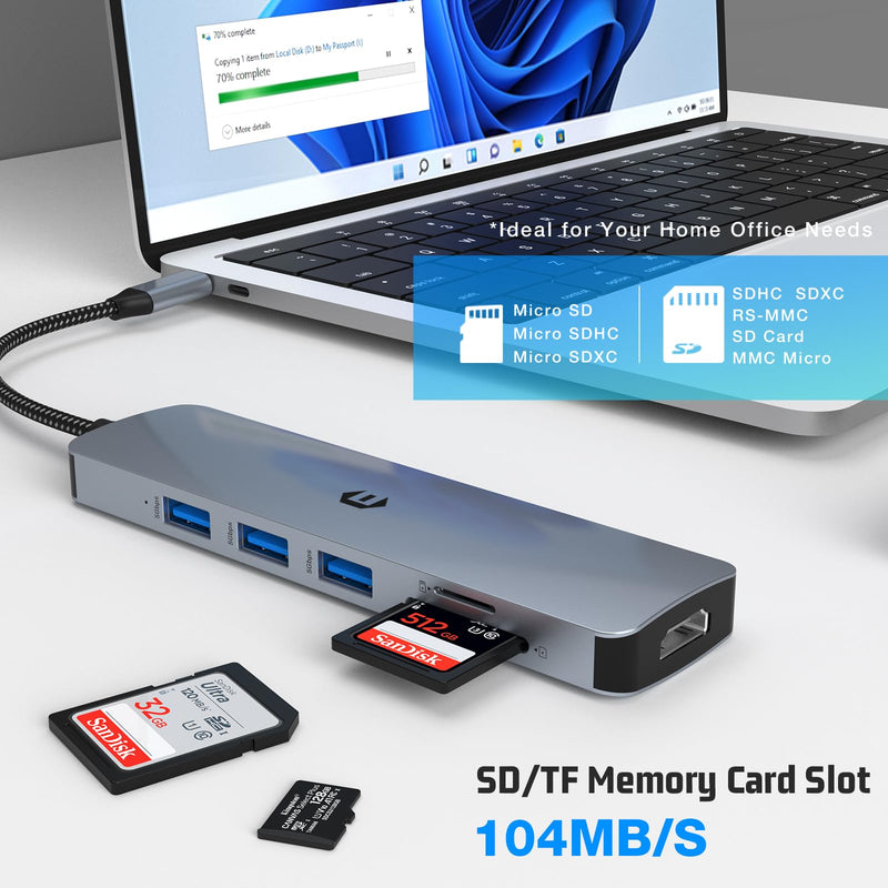 USB C Hub, 6 in 1 USB C Adapter for Mac Pro/Air, USB 3.0 5Gbps Speedy Docking Hub for Dell,Surface,HP,Lenovo and Other Type C Devices (4K HDMI,USB A 3.0,SD/TF)