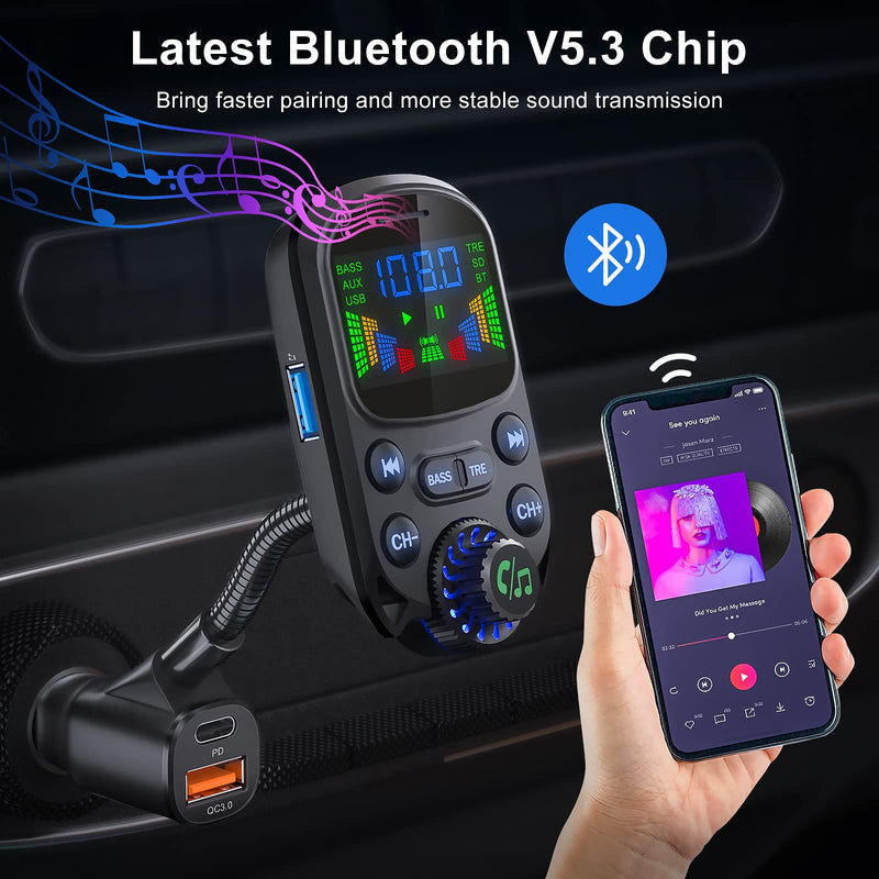 [AUSTRALIA] - Bluetooth 5.3 FM Transmitter for Car SOARUN Bluetooth Car Adapter PD30W & USB Port Fast Charge, HiFi Treble & Bass Player, 1.6" Display Hands-Free Calling Truck Radio with AUX Input/Output, TF Card Beige 