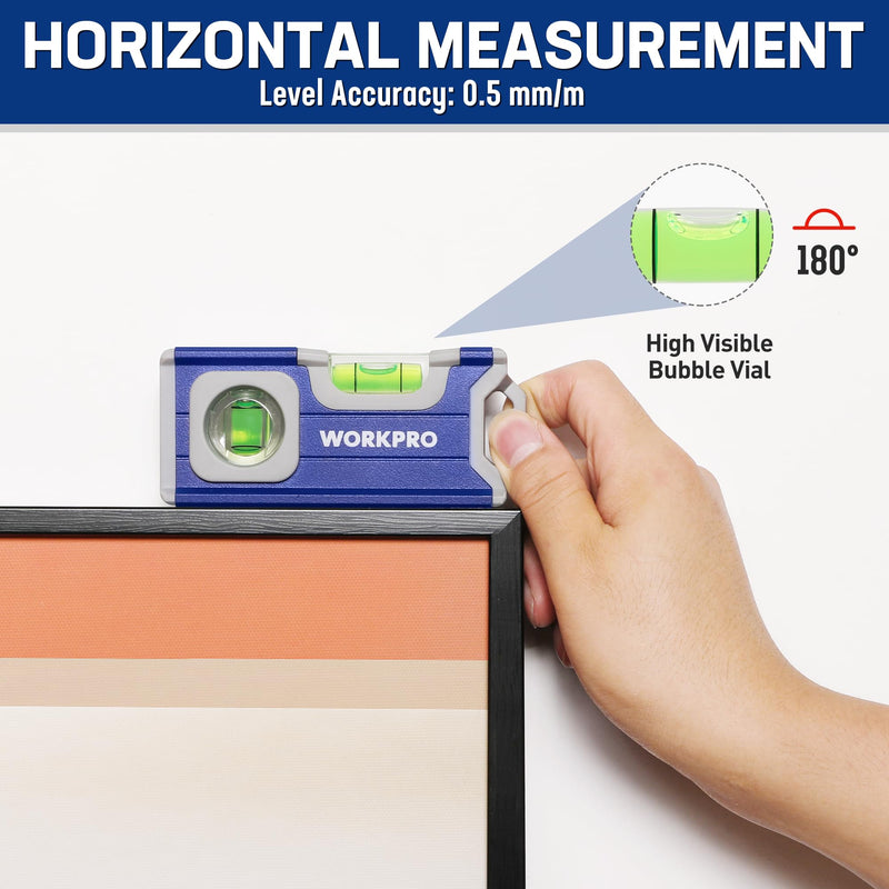 WORKPRO Magnetic Spirit Level 115 mm, Mini Spirit Level with 2 Vials 90°/180°, Magnetic Spirit Level with Hanging Hole, Aluminum Alloy Body, Strong Magnet, Grooved Design for Builders