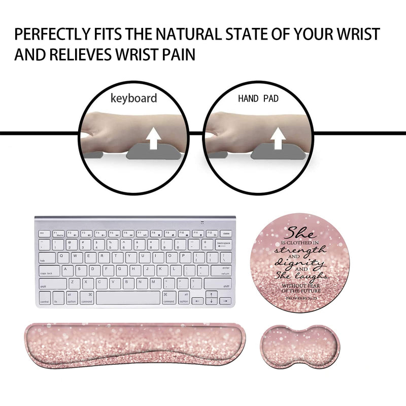 Keyboard Wrist Rest and Mouse Pad Wrist Rest Set with Coasters, Memory Foam, Easy Typing Pain Relief, 4Pcs Keyboard Mouse Pad Set for Computer, Laptop, Home & Office, Bible Verse Proverbs 31:25
