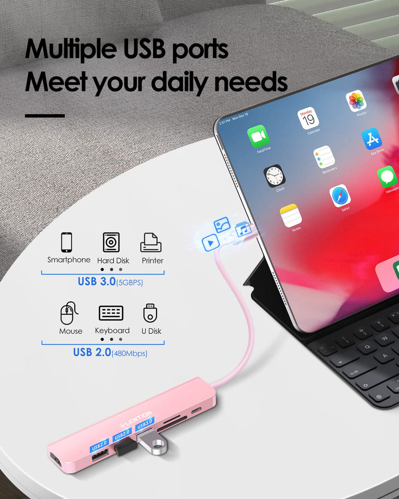 LENTION USB C Hub with 100W Charging, 4K HDMI, Dual Card Reader, USB 3.0 & 2.0 Compatible 2023-2016 MacBook Pro, New Mac Air/Surface, Chromebook, More, Stable Driver Adapter (CB-CE18, Rose Gold)