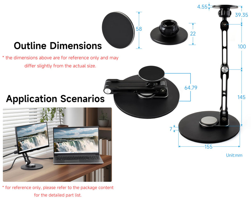 Portable Magnet Monitor Adjustable Stand Magnetic N52 Neodymium, Compatible with 4~18.5inch Monitors, Supports Multi-axis Rotation, Comes with Magnetic Metal Rings, Foldable for Easy Storage