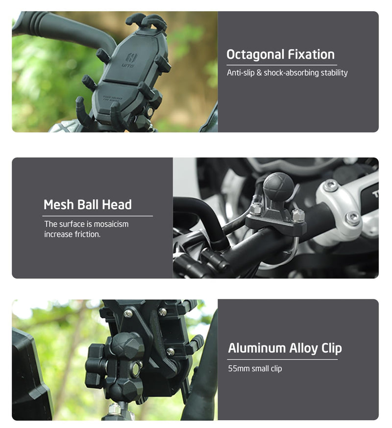 Vibration Damping Motorcycle Phone Mount -Shock Absorbing Bracket with Anti-Theft Design & 1" Ball Base 360° Rotation Universal for 4.0"-7.2" Phones, Fits for 0.5"-1.3" Handlebars