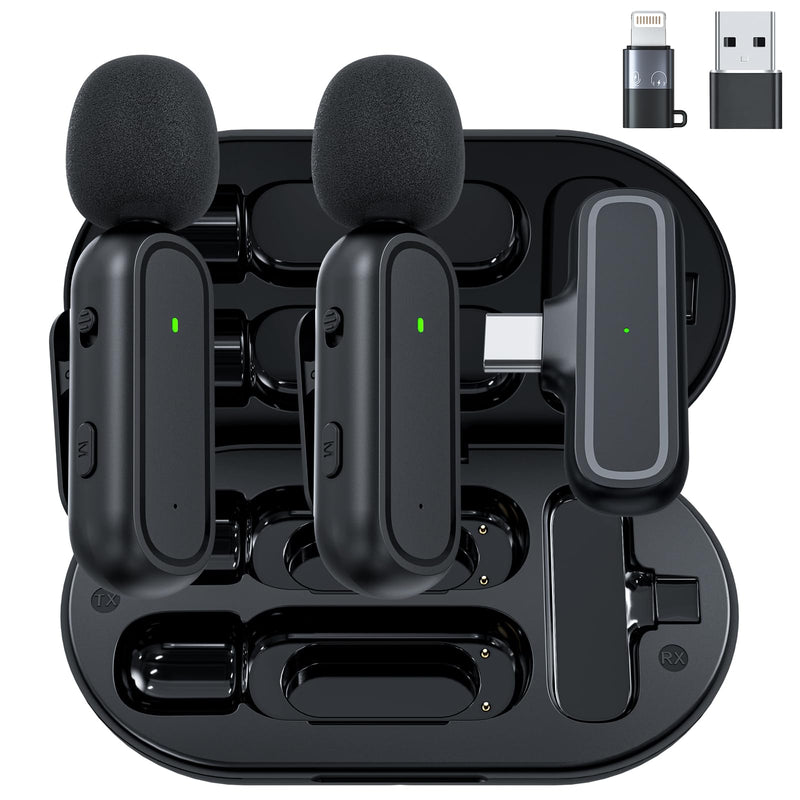 [AUSTRALIA] - 2-Pack Wireless Lavalier Microphone for iPhone Android - Plug and Play Noise Reduction Clip-on Mic with Charging Case, for Vlogging YouTube Live Streaming Zoom Meetings Video Recording Youtuber Oval Case Dark Black 