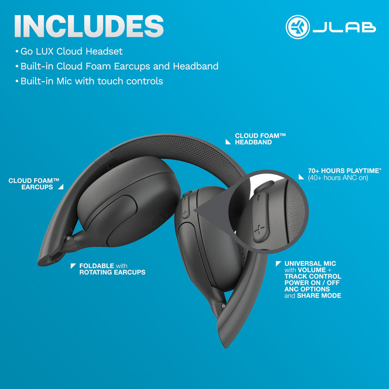 JLab, Go Lux ANC, On Ear Headphones, Active Noise Cancelling, Bluetooth, Graphite