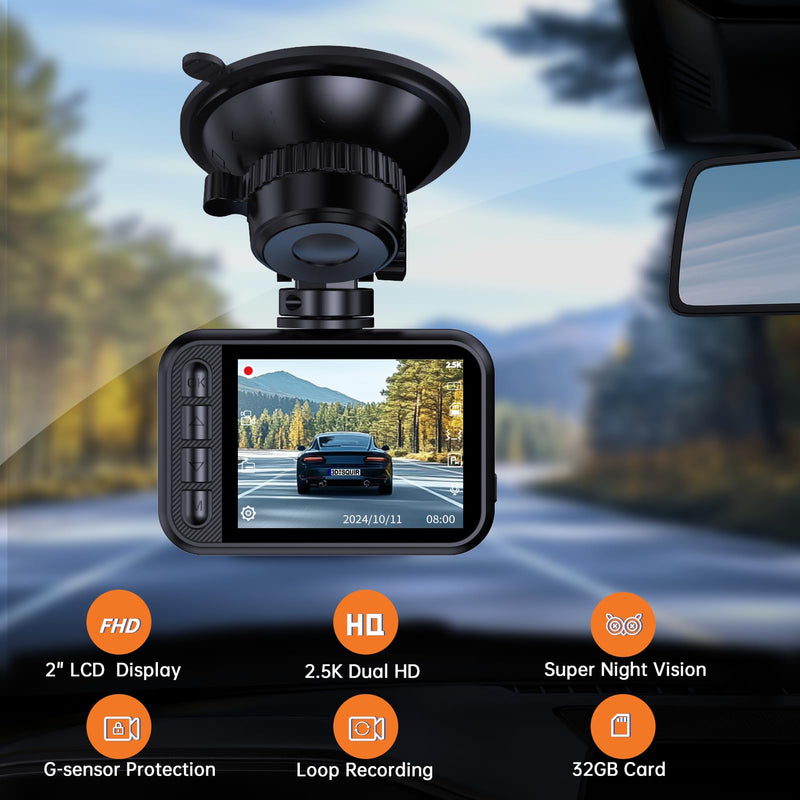 [AUSTRALIA] - Dash Cam Front and Rear, 2.5K Dual Dash Camera for Cars, 2560P Mini Car Camera, 2 inch IPS Screen, 32GB Card Included, WDR Night Vision, 24 Hours Parking Monitor, G-Sensor, Support 256 GB Max 