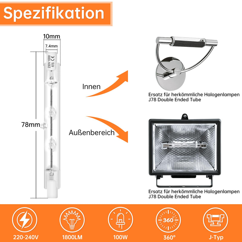 Tomosu R7s Halogen Rod 78 mm 100 W Dimmable Halogen Light Bulbs R7s Warm White 2800K 1800LM 230V J78 Halogen Floodlight for Work Lights, Landscape Lights, Floor Lamps Pack of 6 78mm 100W