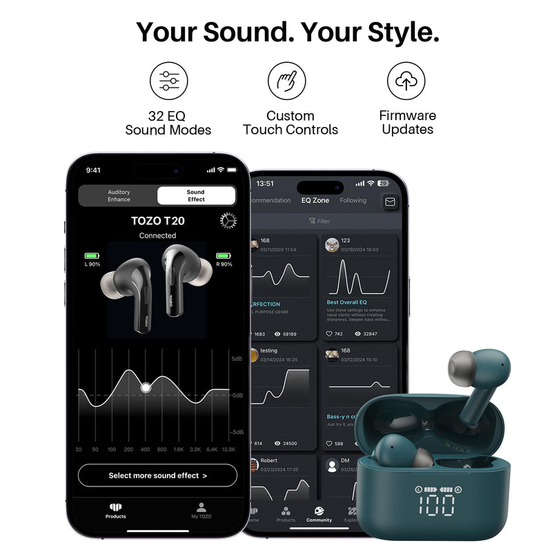 TOZO T20 Wireless Earbuds 97H Playtime, Wireless Charging LED Display Case | 10mm Deep Bass Sound, Dual Mic ENC Clear Calls, IPX8 Waterproof, Bluetooth 5.3, Comfortable Fit Ear Buds For Daily Use, Green