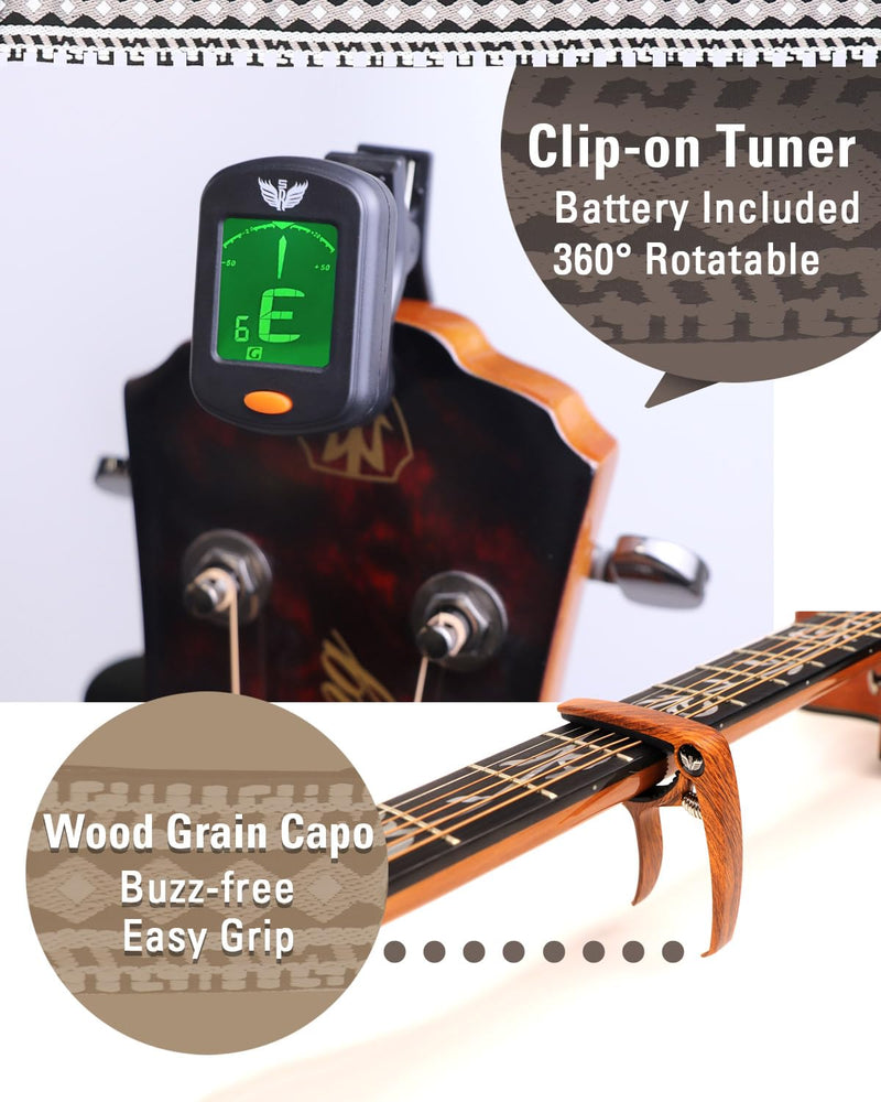Guitar Accessories Gift Box for Acoustic and Electric Guitars, Black & White Jacquard Weave Guitar Strap, Picks, Capo, Tuner, Cleaning Cloth, 5-in-1 Essential Gift