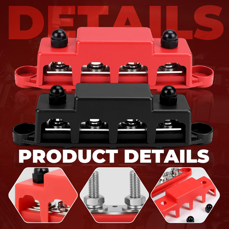 Power Distributor Busbar Block, 12V-48V DC, 250A, 4M8 Terminal Bolts, Pack of 2, Black/Red (A-Black and Red) A-Black and Red