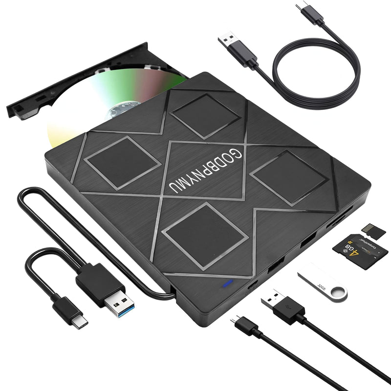 5-in-1 Extemal CD/DVD Drive for Laptop,USB 3.0 & Type-C Portable CD/DvD Rw Burner with SD/TF Card Reader &DVD-ROM Rewritable Player，Compatible with Laptop Pc Desktop, Windows11/10/8/7 Linux Mac os 5in1
