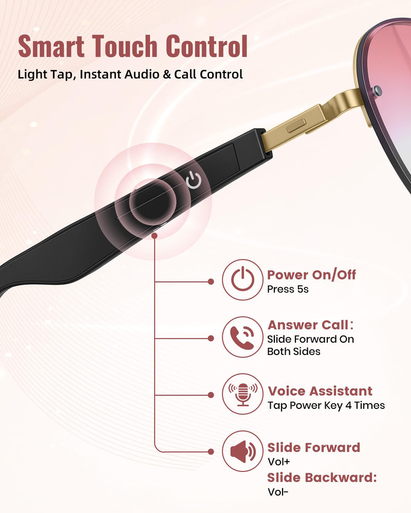 Smart Glasses, Bluetooth Open-Ear Music Calls, Polarized UV400 Sunglasses | Touch Control, Voice Assistant, 145 Languages Real-Time Translation, Sunglasses for Business Meetings, Travel & Daily Use