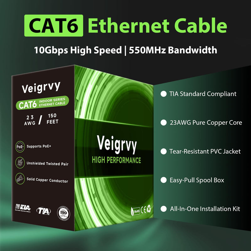 Cat 6 Bulk Ethernet Cable 150 ft, 23AWG Solid Bare Copper, High Speed Cat6 Network LAN Cable with RJ45 Connector, 550MHz 10Gbps, PoE+, UTP, Compatible with Router, Modem, Gaming, PC, Blue 150ft