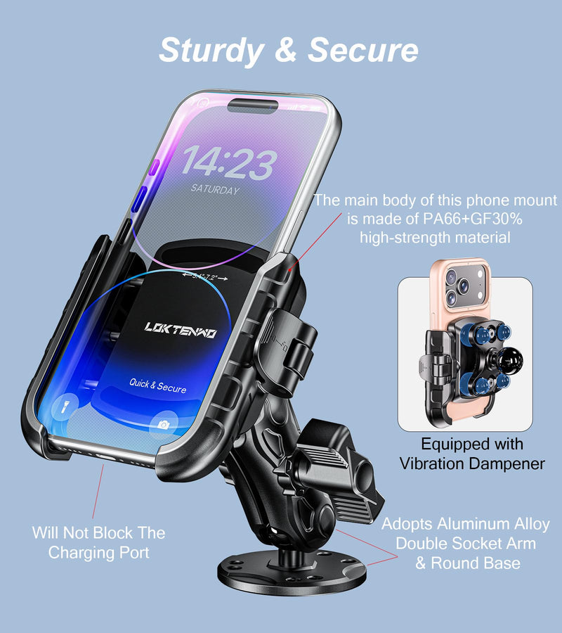 LOKTENWO Anti-Vibration Phone Mount Holder with Vibration Dampener | 1s Lock & Release Camera Friendly Aluminum AMPS Hole Round Base & Medium Arm for Car Truck UTV Boat, Fit 5.4''-7.2'' Phones