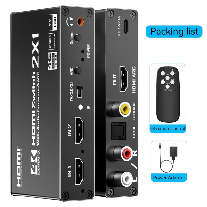 [AUSTRALIA] - HDMI Switch eARC Audio Extractor, 4K@60hz HDMI Audio Splitter with Remote, Support 7.1 Channel Audio/Optical Toslink SPDIF/Coaxial Converter HDR (Black) Black 
