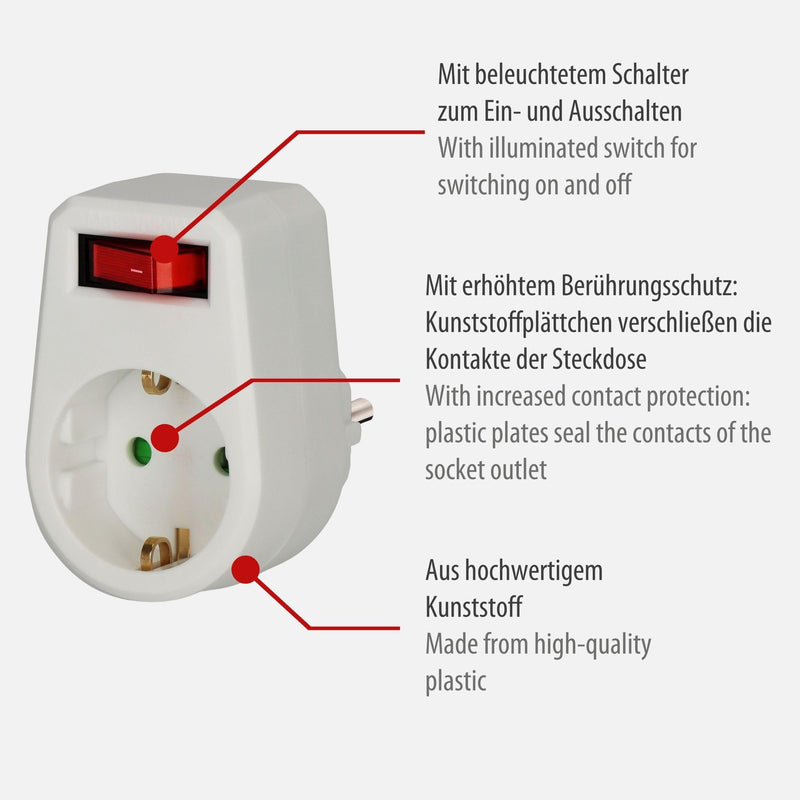 Brennenstuhl socket adapter, protective contact socket with switch (adapter plug with increased contact protection) white