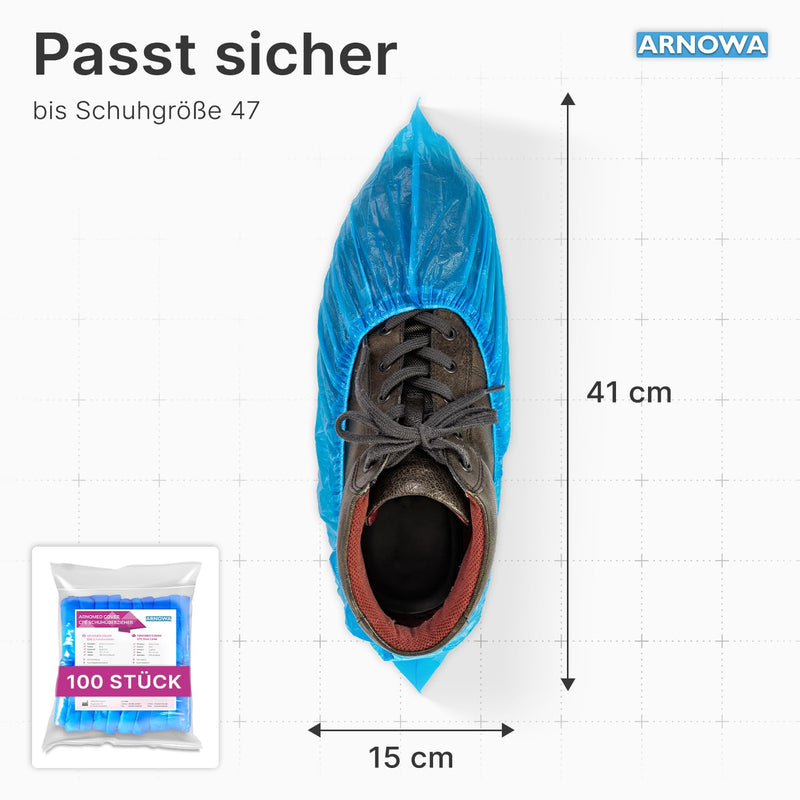 ARNOMED 100 x Disposable Shoe Covers [Waterproof], Galoshes, Shoe Covers Disposable Strong Overshoes Latex-Free, One Size Water and Dustproof, Classic 3 g Strong CPE Material breit Pack of 100