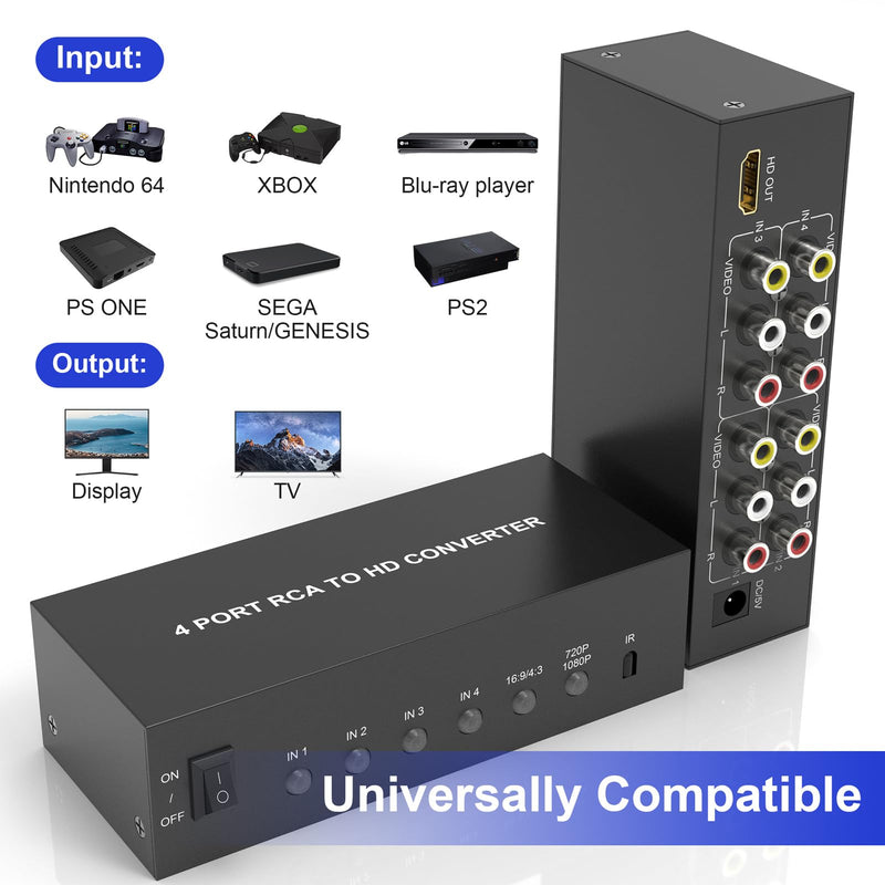 4 Port RCA to HDMI Converter AV to HDMI Adapter - 1080P/720P Red White Yellow Composite Component to HDMI Converter for TV/AUX/N64/PS2/PS3/VHS/VCR/DVD Players, Support 4:3/16:9 RCA Switch(With Remote)