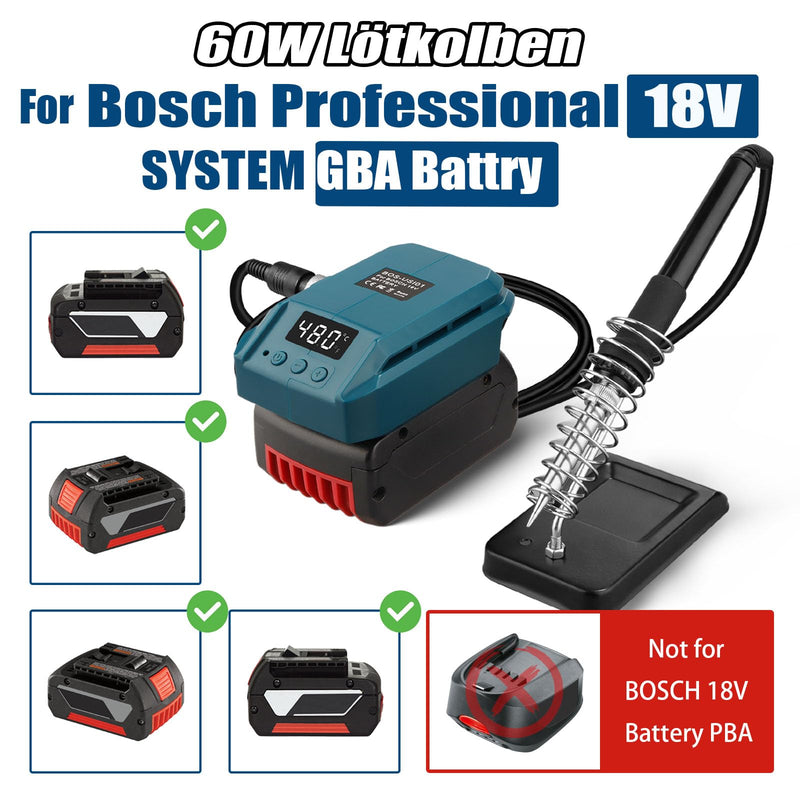 TPDL Battery Soldering Iron for Bosch Professional 18 V System GBA Battery, 60 W Cordless Soldering Iron Adjustable Temperature 51-480 °C with On/Off Switch, 25 g Soldering Wire, Soldering Iron Stand For Bosch Pro BAT battery