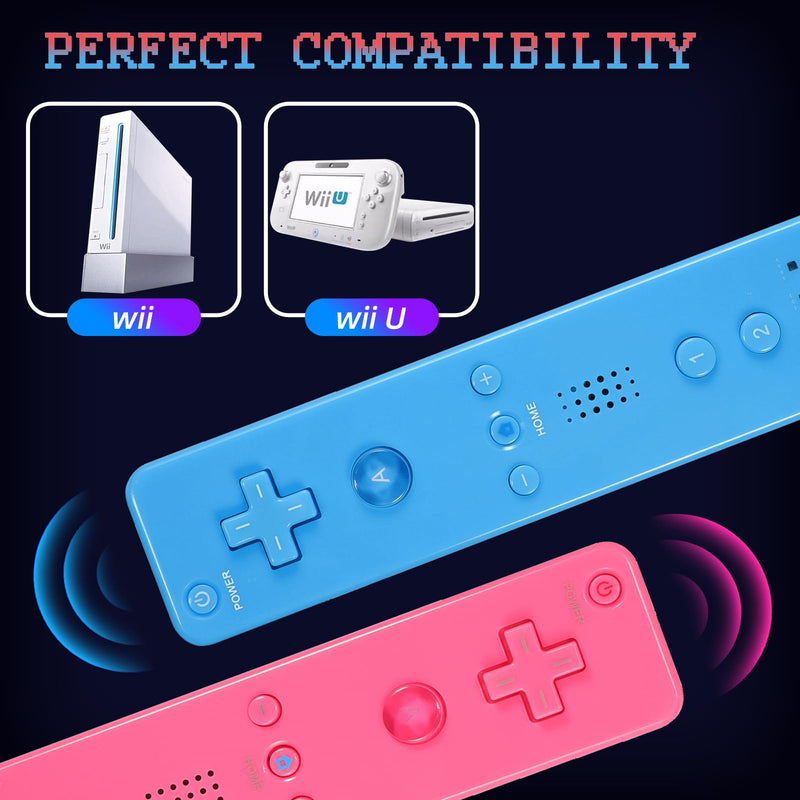 Wii Controller 2 Pack, Wii Remote Controller with Silicone Case and Wrist Strap Compatible for Wii/Wii U (Pink and Blue) Pink and Blue
