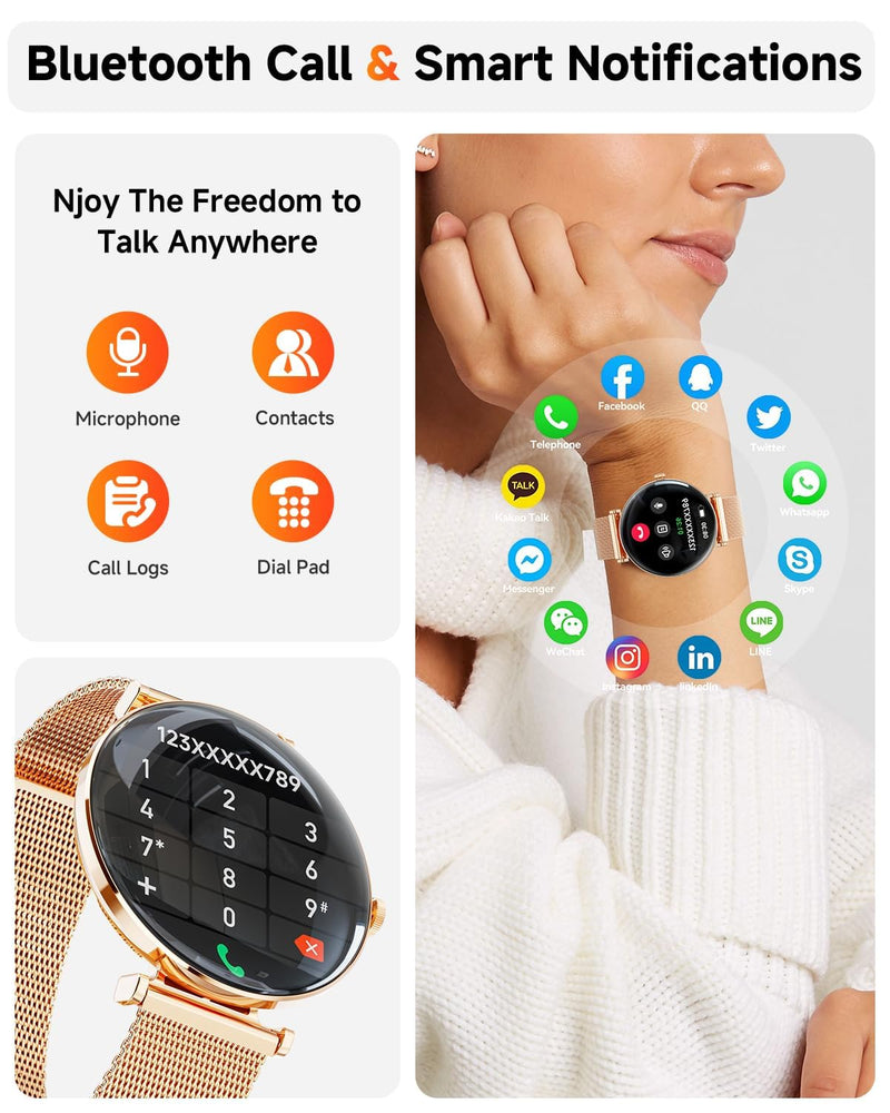 Hwagol Smart Watches for Women with Android iPhone Compatible[Calls/Metal Thin Body],1.43" Micro-Spherical AMOLED Screen,Sports Watch with Sleep/Heart Rate Monitor,Pedometer for Steps Miles (Gold) Gold