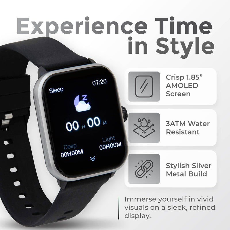 iWatch Silver Smart Watch, 1.85" Touch Screen Fitness Tracker, Men & Women | Black rubber band. AMOLED, Bluetooth calling, heart rate, sleep & step tracking, 3ATM water resistant, iOS & Android Silver Case + Black Rubber Band
