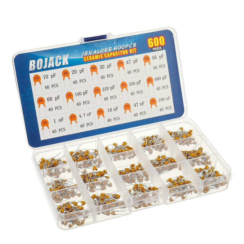 BOJACK 600-Piece 15 Value Ceramic Capacitor Kit (10 pF, 20 pF, 30 pF, 47 pF, 56 pF, 68 pF, 100 pF, 220 pF, 330 pF, 680 pF, 1 nF, 4.7 nF, 10 nF, 47 nF, 100 nF)