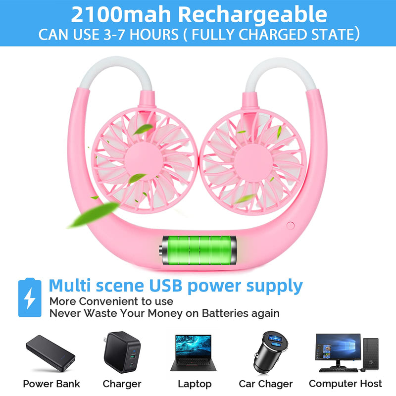 Portable Hanging Neck Sports Fan, Hands Free Personal Wearable Fan-USB Rechargeable Headphone Neckband Fan,3 Speeds,2000mAh,360 Degree Free Rotation Fit for Outdoor Office and Kitchen Pink