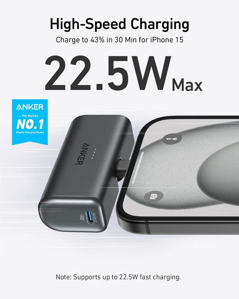 Anker Nano Power Bank with Built-in Foldable USB-C Connector, 5,000mAh Portable Charger 22.5W, for iPhone 15/15 Plus/15 Pro/15 Pro Max, Samsung S22/23 Series, Huawei, iPad Pro/Air, AirPods, and More Black Stone